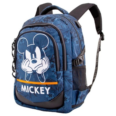 Mochila azul com estampa do Mickey Mouse e palavra MICKEY