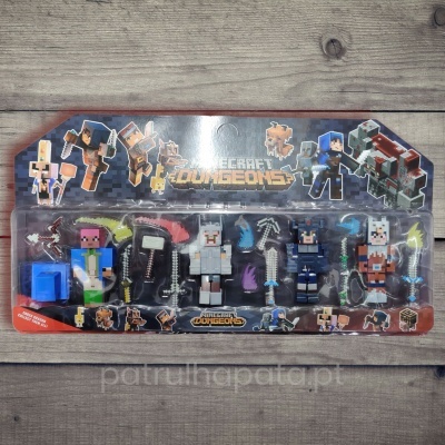 Conjunto de figuras Minecraft Dungeons em embalagem blister com personagens e armas