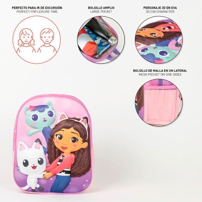 Mochila infantil rosa com personagem 3D em EVA e bolsos laterais