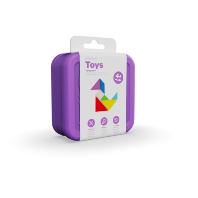 Estojo roxo com brinquedo Tangram para crianças, embalagem branca com texto e imagem colorida