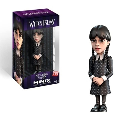 Boneca colecionável de Wednesday Addams com vestido preto e tranças, embalada em caixa com texto