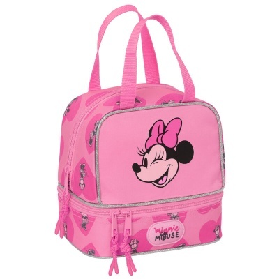 Mochila rosa infantil com imagem e padrão da Minnie Mouse
