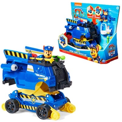 Carrinho de brinquedo azul com figura de cão polícia e embalagem PAW Patrol