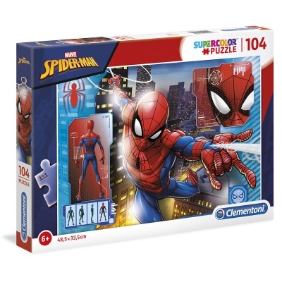 Caixa de puzzle Clementoni Spider-Man 104 peças com imagem colorida do Homem-Aranha em cidade à noite
