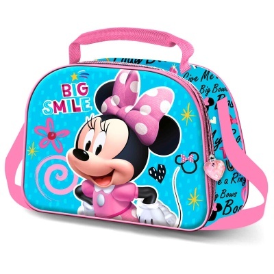 Bolsa infantil azul e rosa com imagem da Minnie Mouse e texto BIG SMILE