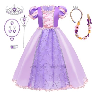 Vestido roxo de princesa com acessórios e coroas em fundo branco
