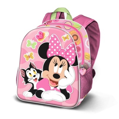 Mochila infantil rosa com Minnie Mouse e gato, borboletas coloridas e alças rosa e verde
