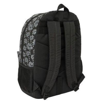 Mochila preta com padrão cinza de navios piratas e alças acolchoadas