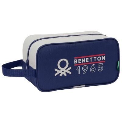 Necessaire retangular azul escuro Benetton com texto e logotipo