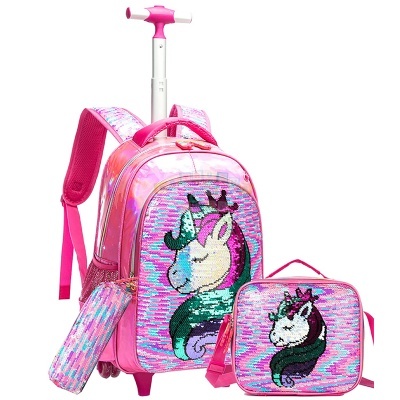 Conjunto escolar rosa com mochila de carrinho, estojo e bolsa térmica com unicórnio de lantejoulas.