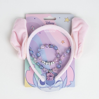 Conjunto de acessórios Disney com tiara rosa, colar lilás e azul com letras e pendente