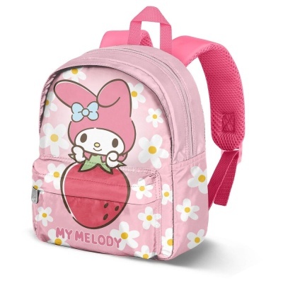 Mochila infantil rosa com personagem My Melody e flores brancas