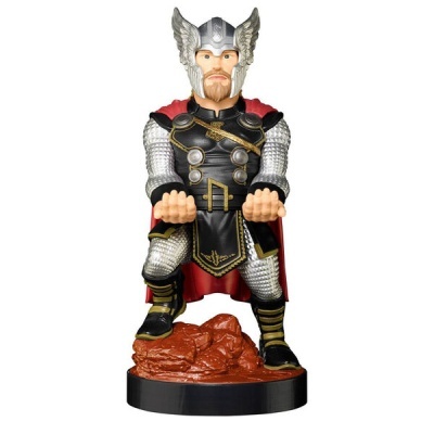Estatueta de Thor com armadura, capacete e capa vermelha em base preta com rocha