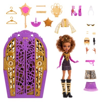 Boneca com vestido roxo, acessórios variados e grande porta de brinquedo roxa e dourada