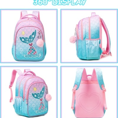 Mochila infantil azul e rosa com bordado de cauda de sereia e pompom rosa