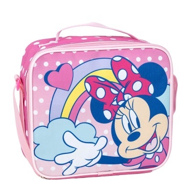 Mala cor-de-rosa com ilustração da Minnie Mouse e arco-íris