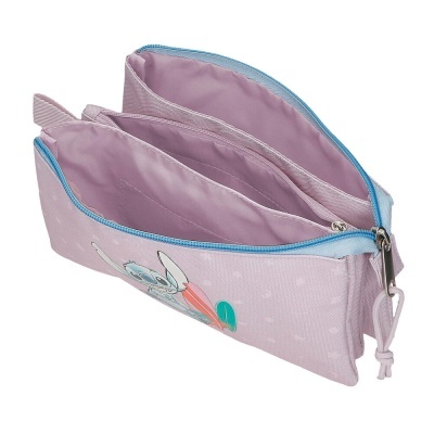 Estojo escolar rosa com fecho azul e desenho do Stitch
