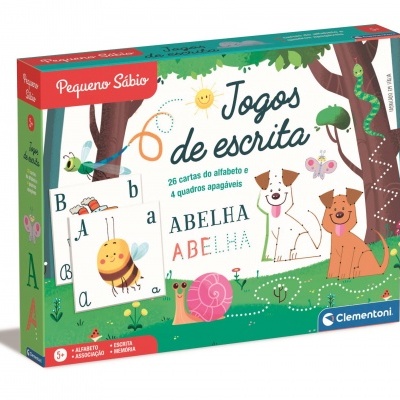Caixa de jogo educativo 'Jogos de escrita' com cartas e quadros apagáveis para crianças.