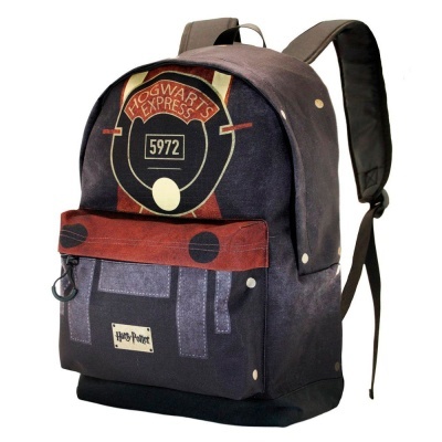 Mochila temática Hogwarts Express castanha e preta com alças ajustáveis.
