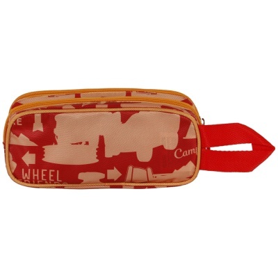 Estojo escolar vermelho e laranja com padrão abstrato e fecho de correr