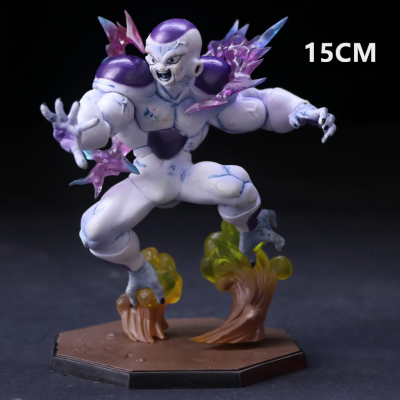 Figura colecionável de personagem de anime branco e roxo em pose de ataque com base hexagonal