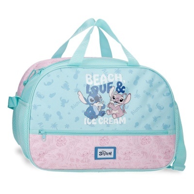 Mala azul clara e rosa com personagens Stitch e texto