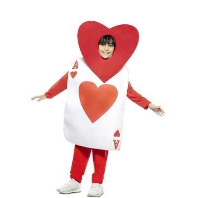 Fantasia de criança Ás de Copas com grande coração vermelho e roupas vermelhas