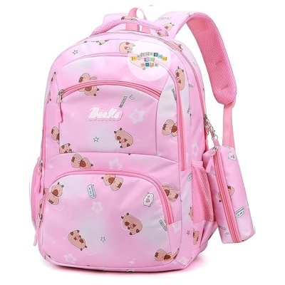 Mochila rosa com padrão de cachorrinhos e estojo pendurado