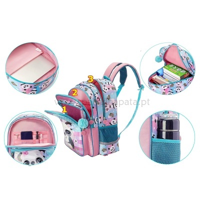 Mochila rosa e azul com padrão de animais e múltiplos compartimentos