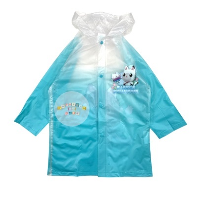 Casaco impermeável azul com desenhos de gatos e capuz transparente