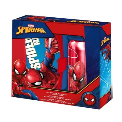 Caixa embalagem conjunto Marvel Spider-Man com cantil de alumínio vermelho e lancheira azul com texto SPIDER-MAN