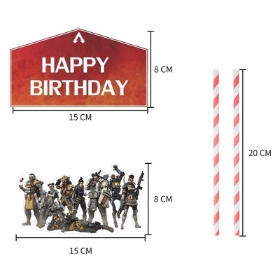 Decoração de festa com placa HAPPY BIRTHDAY, figura de personagens, e palhinhas listradas.