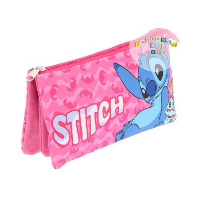 Estojo escolar triplo cor-de-rosa com personagem Stitch e texto STITCH