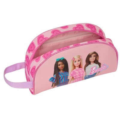 Estojo escolar rosa com imagem de bonecas Barbie