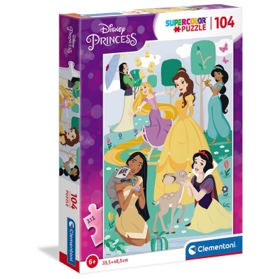 Caixa do puzzle Clementoni com princesas Disney em cenário colorido