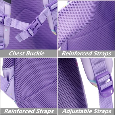 Detalhes de mochila roxa com fecho peito, alças reforçadas e ajustáveis