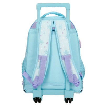 Mochila azul clara com carrinho de rodas e alças acolchoadas com padrão de flocos de neve.
