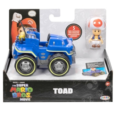Brinquedo do filme Super Mario Bros com veículo azul e personagem Toad em embalagem