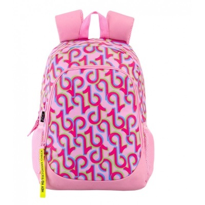 Mochila rosa com padrão colorido e etiqueta amarela