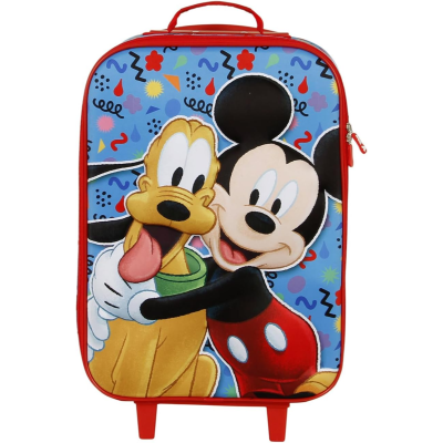 Mala infantil com Mickey Mouse e Pluto, fundo azul com padrões coloridos