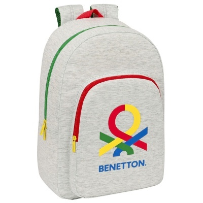 Mochila cinzenta clara com logo colorido da Benetton e fechos de correr coloridos