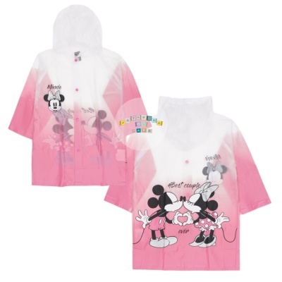 Casaco impermeável branco e rosa com estampas de Mickey e Minnie
