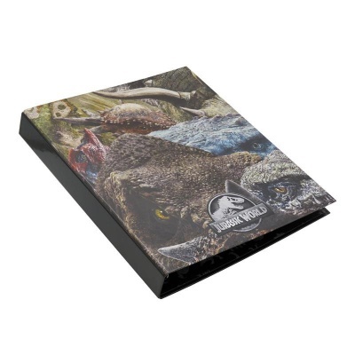 Pasta preta com tampa com imagem de dinossauros e logo Jurassic World.