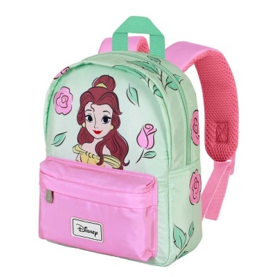 Mochila infantil Disney verde e rosa com estampa da princesa Bela e flores.