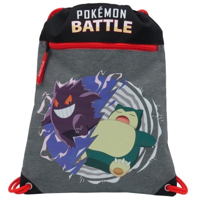 Mochila cinza e preta Pokémon com personagens Gengar e Snorlax e texto POKÉMON BATTLE