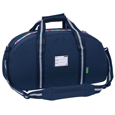 Saco desportivo azul escuro com alças e etiqueta para nome