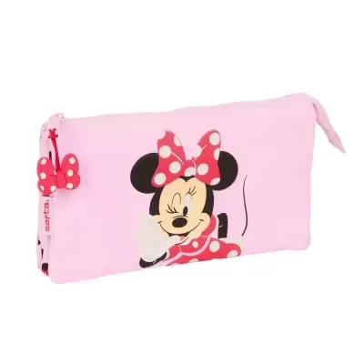 Estojo cor-de-rosa com imagem da Minnie Mouse e puxador em forma de laço