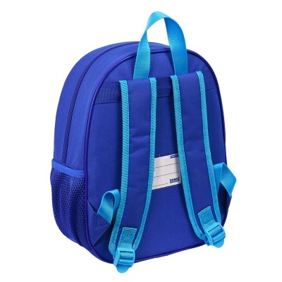 Mochila azul escura com detalhes em azul claro e bolsos laterais de rede