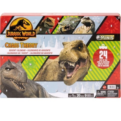 Calendário de advento Jurassic World Chaos Theory com tema de dinossauros e 24 janelas