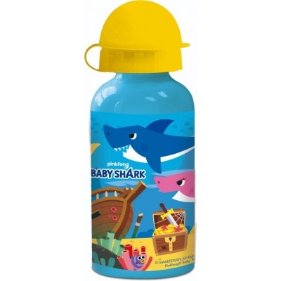 Garrafa infantil azul com tampa amarela e ilustrações Baby Shark